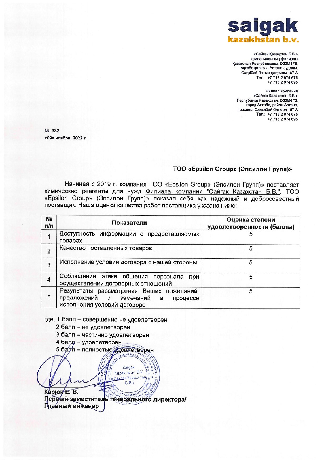 Оригинал письма Saigak Kazakhstan B.V.