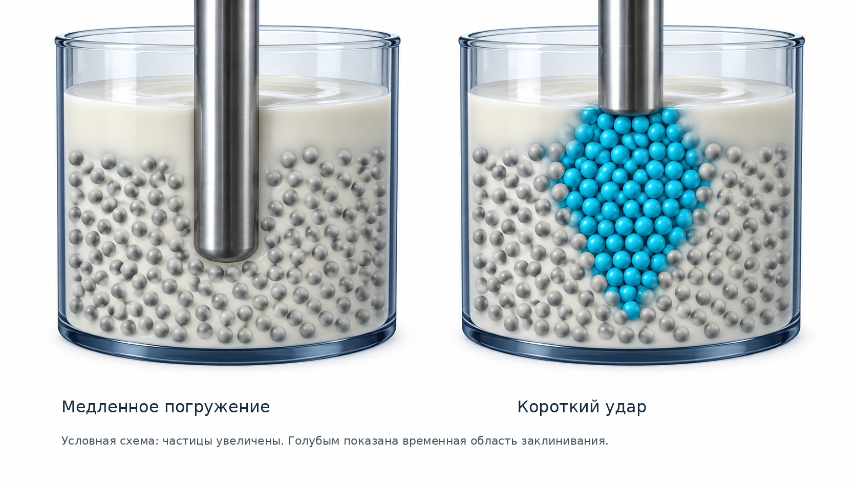 Условное сравнение медленного погружения и короткого удара: под стержнем показана временная область заклинивших частиц